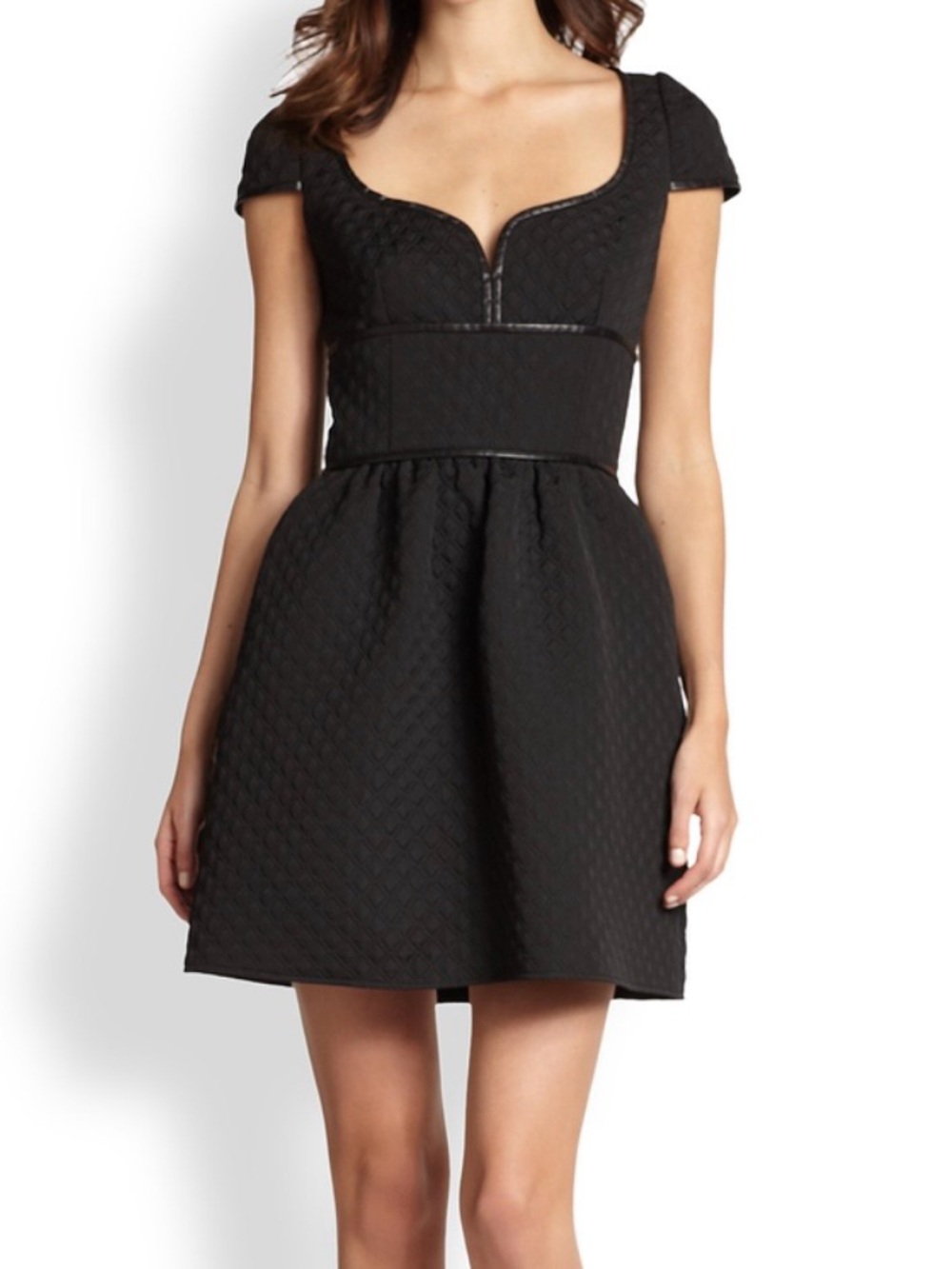 Red Valentino Quilted Short-Sleeve Sweetheart
Dress, Black Size 46